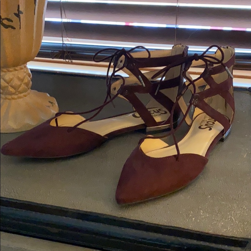 Burgundy Suede Lace Up Ballet Flats
